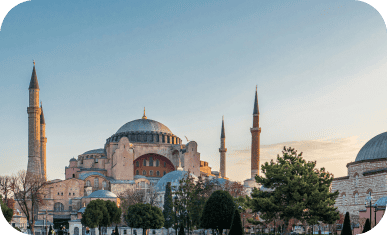 Hagia Sophia in Istanbul with clear sky and minarets.