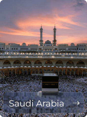 Pilgrims at Masjid al-Haram during sunset in Mecca, Saudi Arabia.
