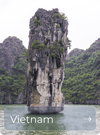 Tall limestone karst island in Vietnam with lush greenery and calm water.
